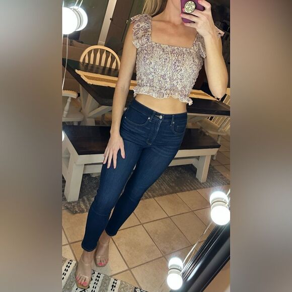 Perry Walker Collective Purple & Yellow Silk Floral Smocked Ruffle Sleeve Top - Picture 1 of 10